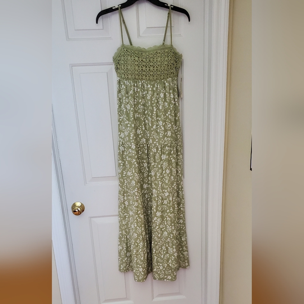 S 4-6 No Boundaries Crochet Bodice Maxi Floral Green/White Sundress New - Picture 2 of 7